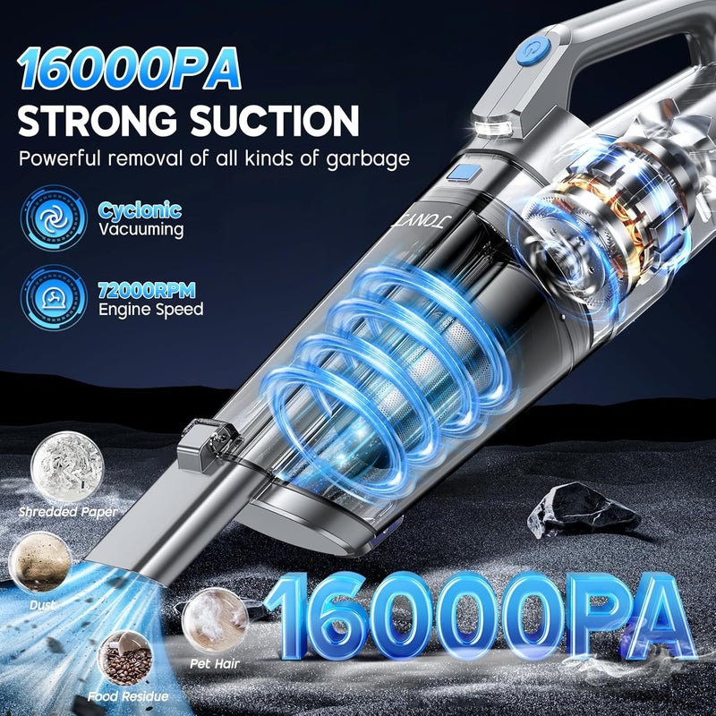 JONYJ Handheld Vacuum Cordless, 16000PA Strong Suction Hand Held Car Vacuum Cleaner, Portable Hand Vacuum Rechargeable with Multi-Nozzles & LED Light for Home, Car, Office, Pets - Image 2